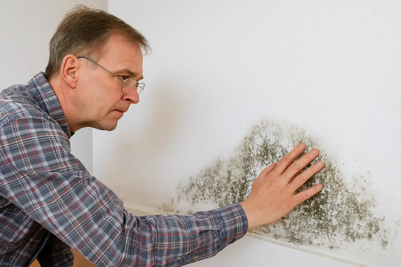 a homeowner inspecting mold on a remediated wall