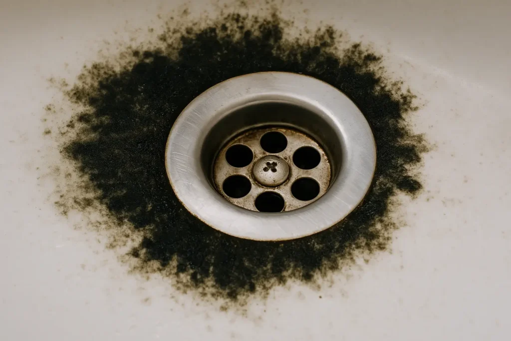 Close-up of a sink drain surrounded by black mold on the white basin surface.