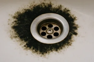 Close-up of a sink drain surrounded by black mold on the white basin surface.