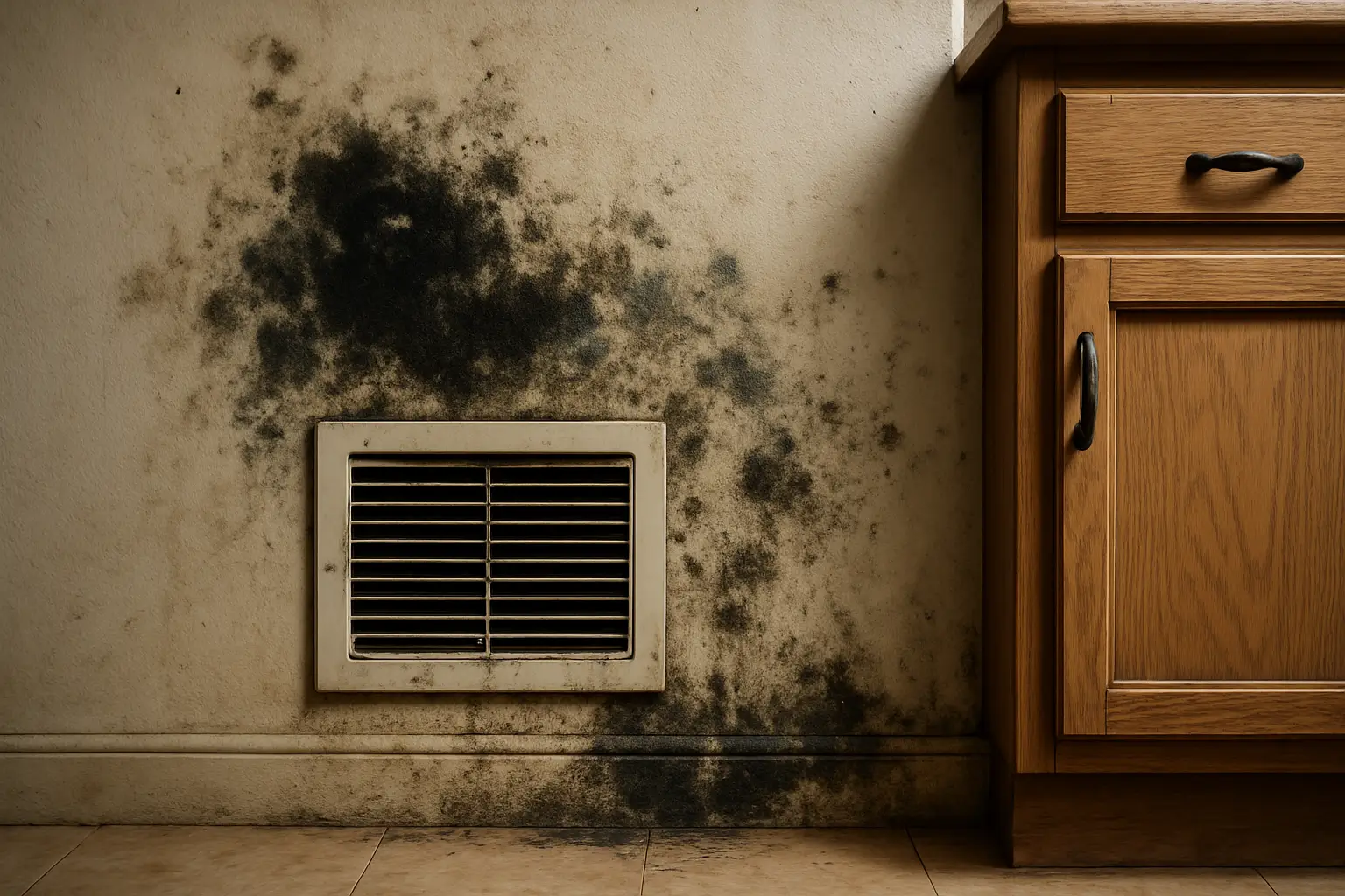 Mold surrounding an air vent on a stained wall beside a worn wooden cabinet