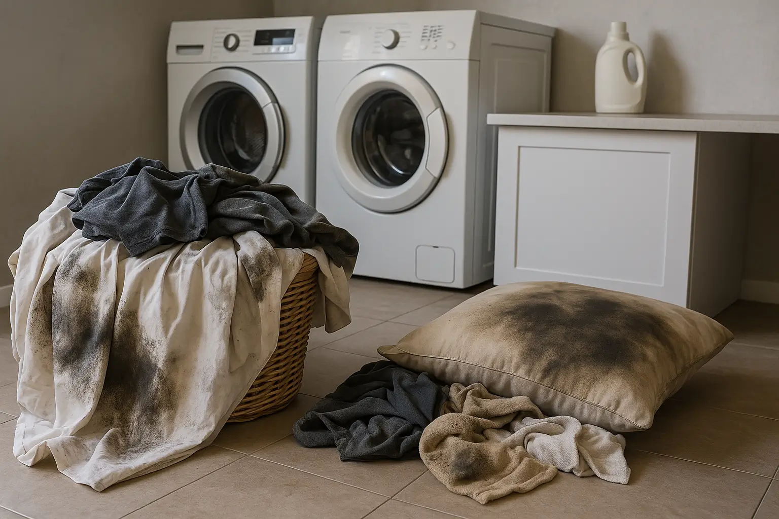 Smoke-damaged laundry room with clothes piled on the floor, a washing machine, and detergent bottles visible in the background.