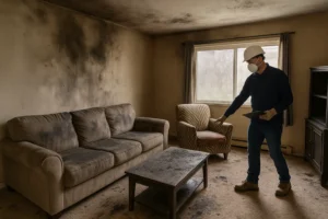 Smoke-damaged living room with blackened walls, soot-stained furniture, and a professional in protective gear inspecting the damage