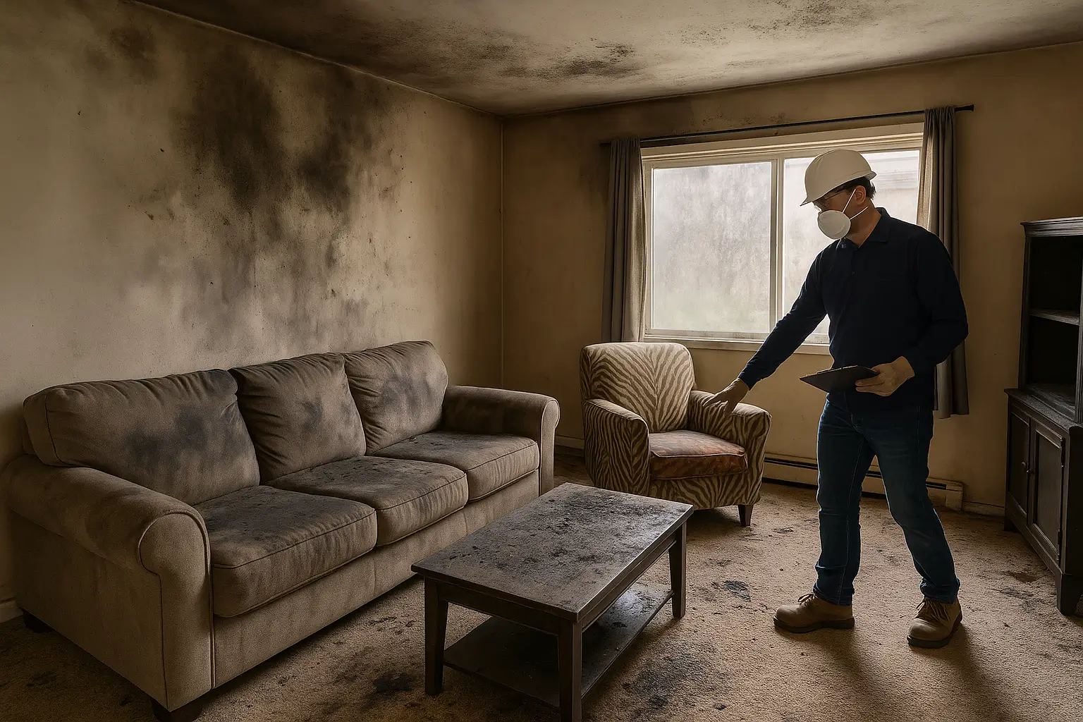 Smoke-damaged living room with blackened walls, soot-stained furniture, and a professional in protective gear inspecting the damage